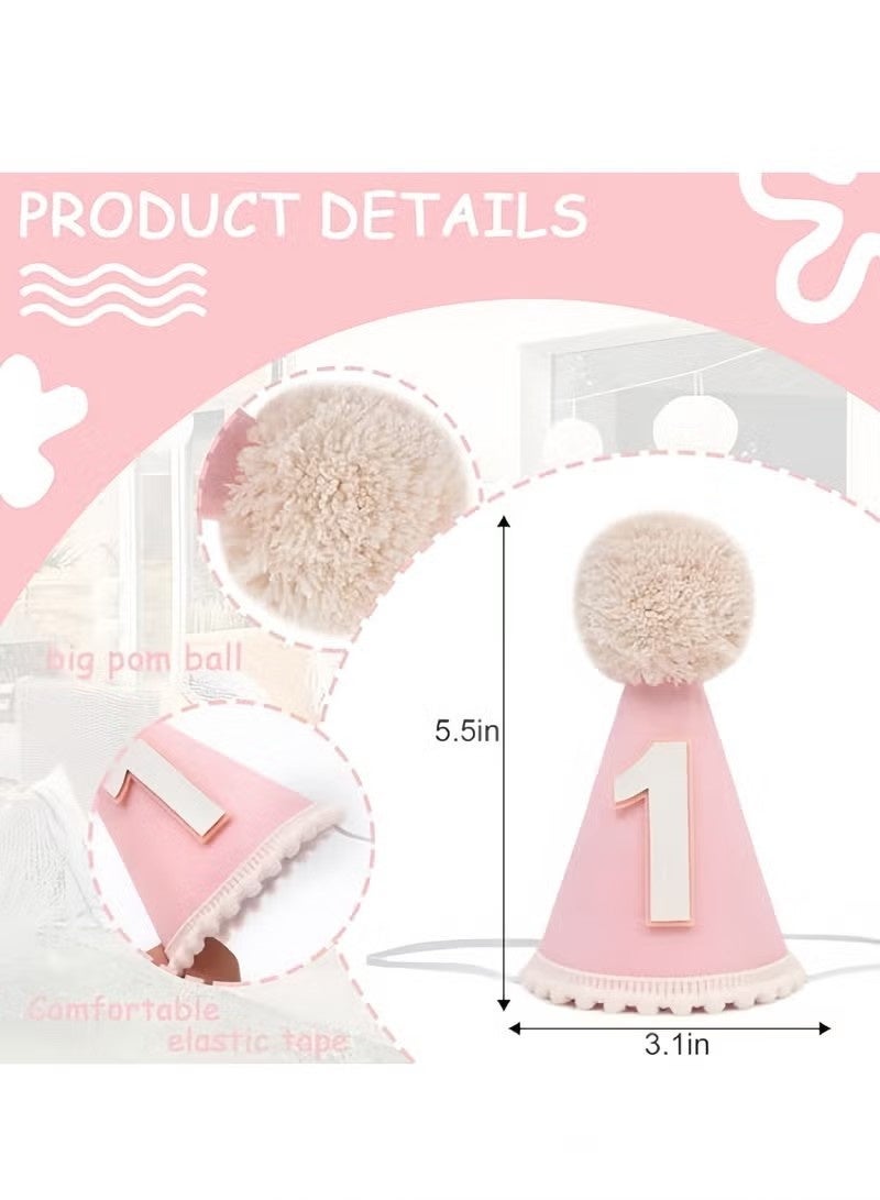 Pink First Birthday Hat for Baby Girls - Pink 1st Cone Hat,Crown with Pom Topper,First Birthday Decorations,One Party Photo Props - Image 2